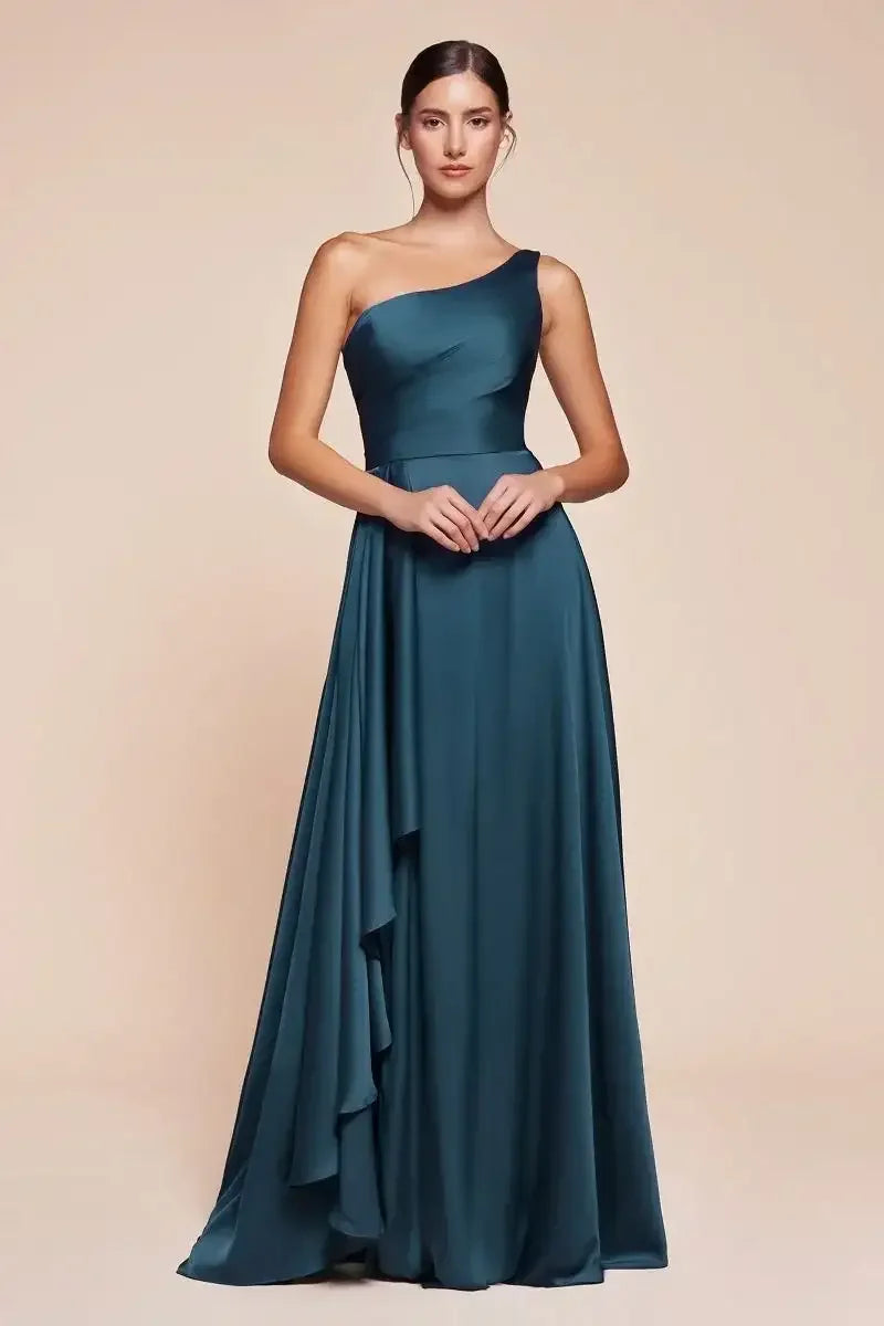 Miranda Gown - French Navy - ONE SHOULDER SOFT SATIN A-LINE DRESS