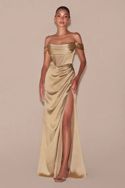 Mabel Gown - Champagne - LUXE SATIN OFF THE SHOULDER CORSET GOWN