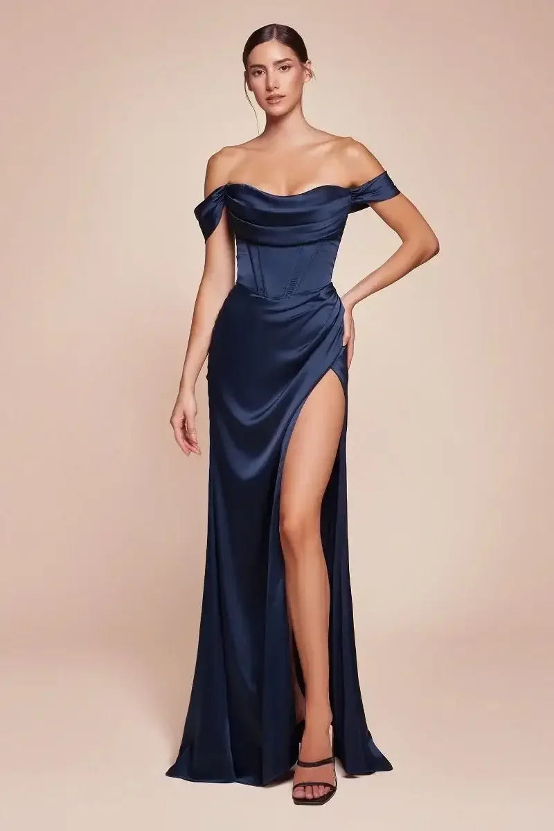 Mabel Gown - Navy - LUXE SATIN OFF THE SHOULDER CORSET GOWN