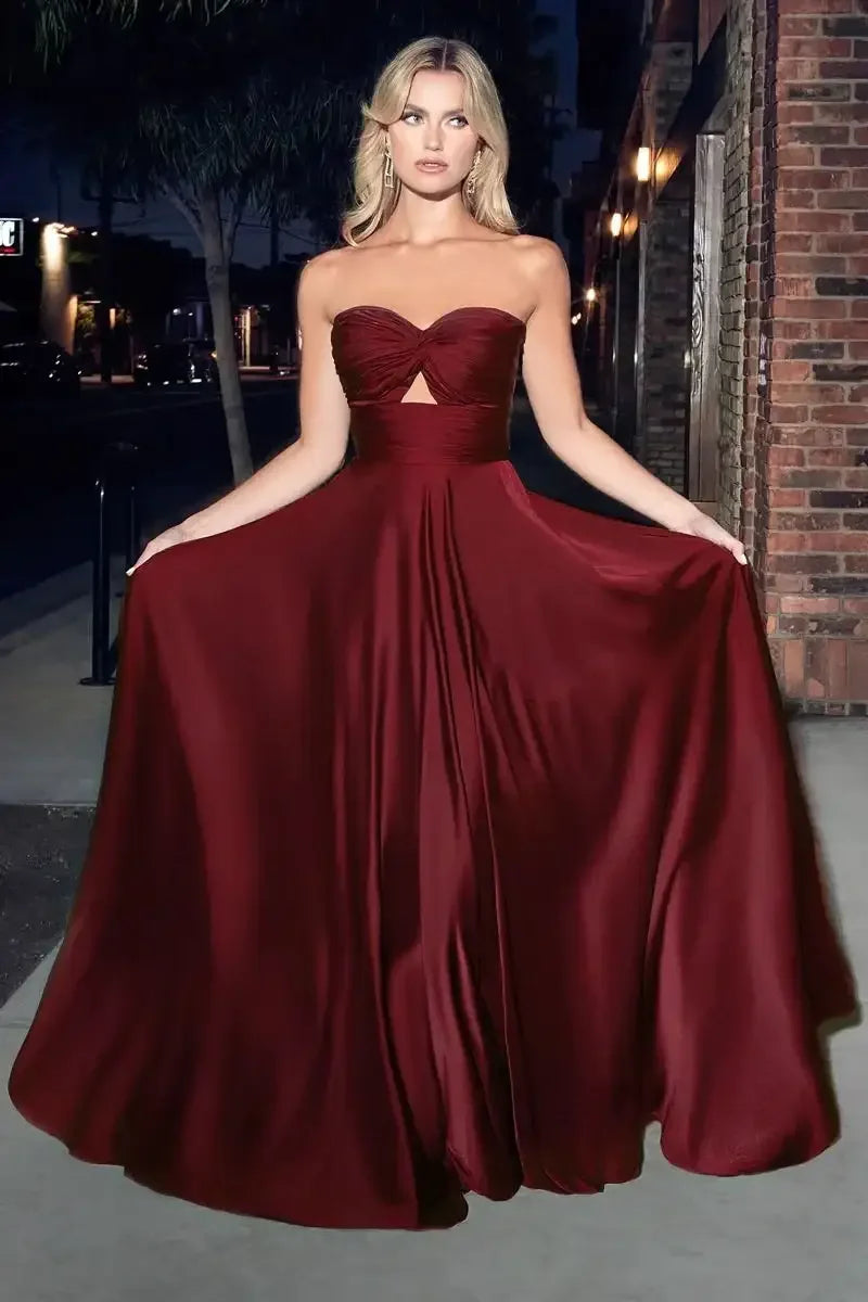 Madigan Gown - Burgundy - STRAPLESS A-LINE SOFT SATIN KEYHOLE DRESS