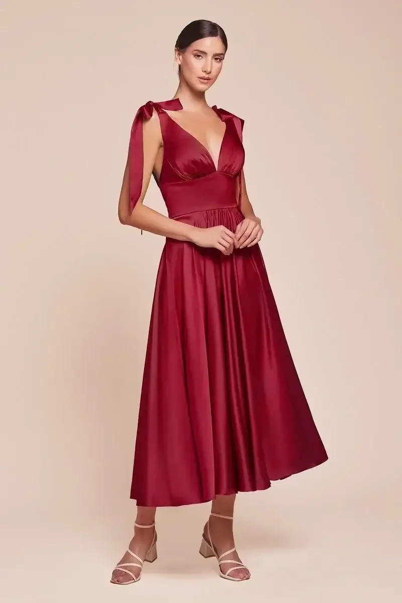 MAGGIE MIDI DRESS - BURGUNDY - TEA LENGTH SOFT SATIN A-LINE DRESS
