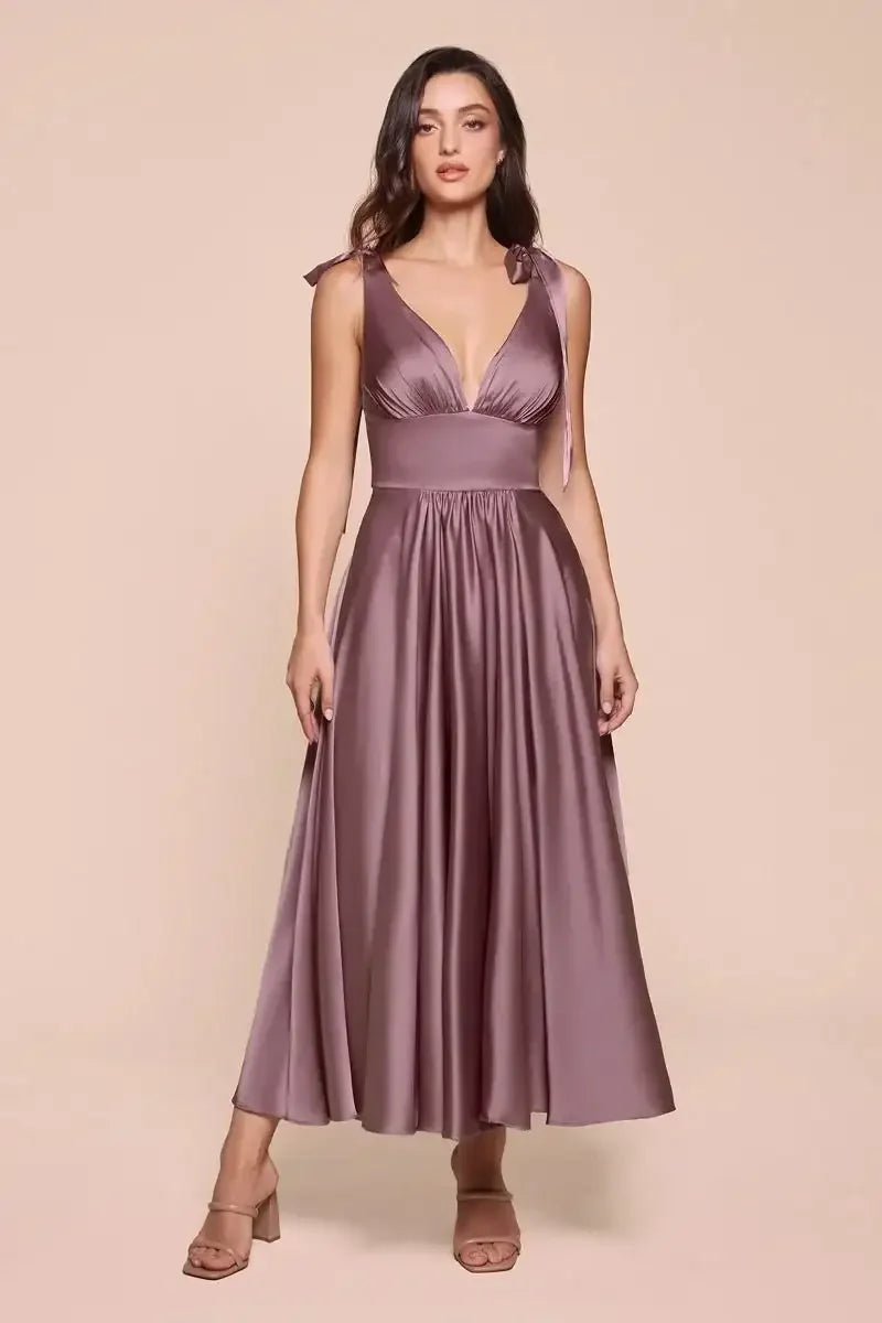 MAGGIE MIDI DRESS - ENGLISH VIOLET - TEA LENGTH SOFT SATIN A-LINE DRESS