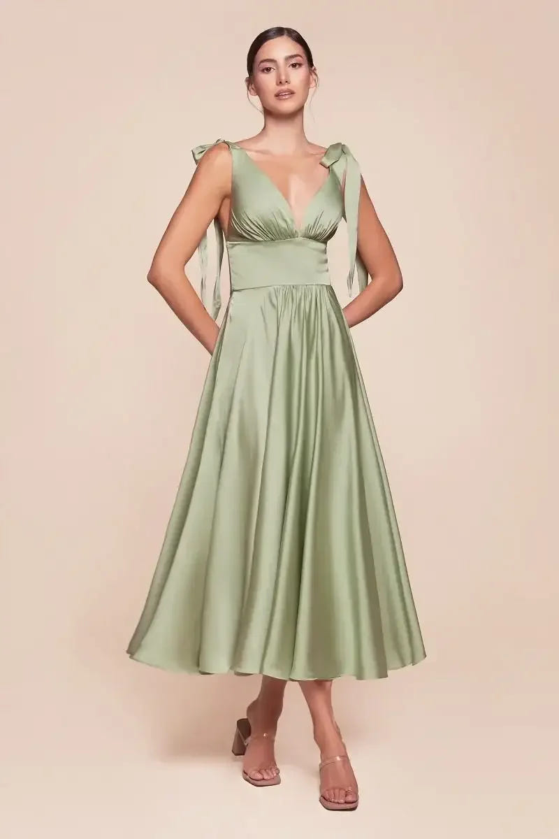 MAGGIE MIDI DRESS - SAGE - TEA LENGTH SOFT SATIN A-LINE DRESS