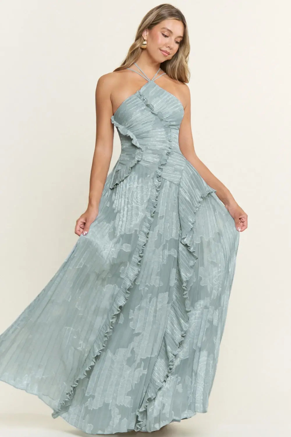 Rainn Ruffle Maxi Dress - Dusty Blue Halter Dress | Lady Black Tie