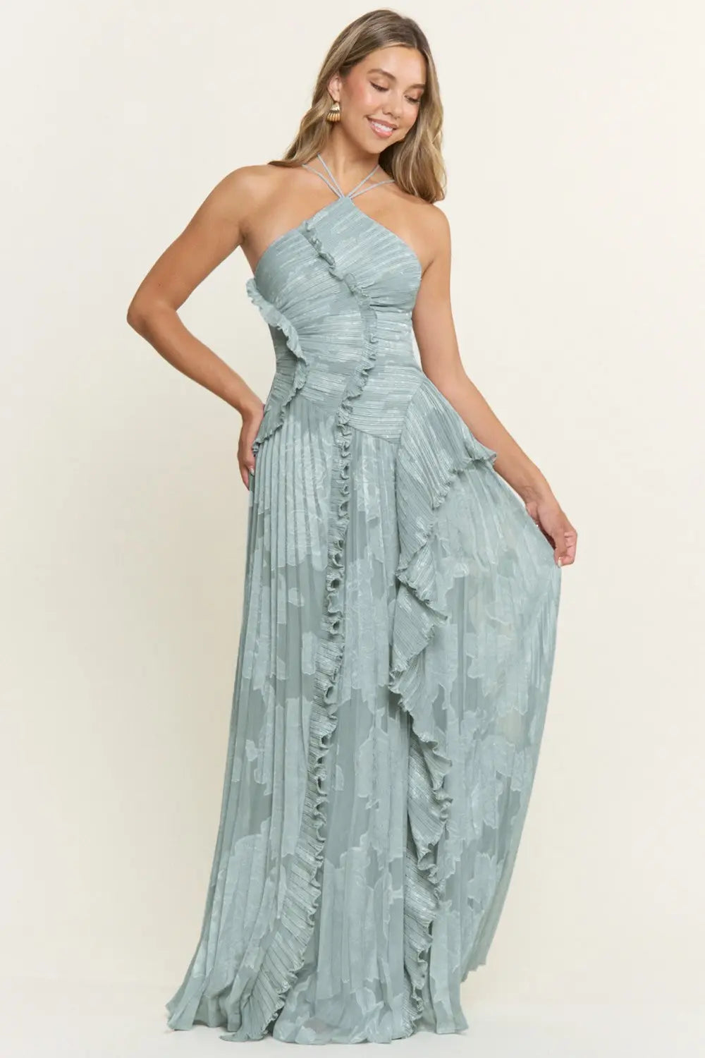 Rainn Ruffle Maxi Dress - Dusty Blue Halter Dress | Lady Black Tie