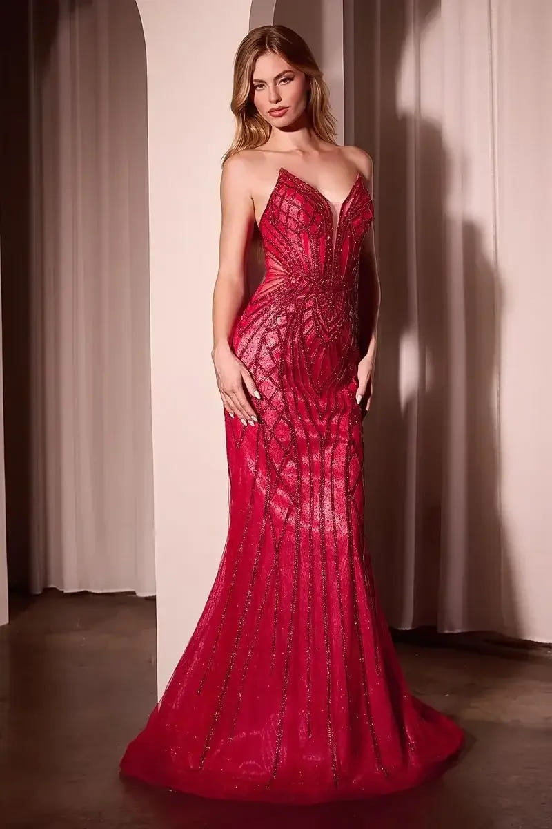 Maxwell Gown - Red - CRYSTAL STRAPLESS EMBELLISHED MERMAID GOWN