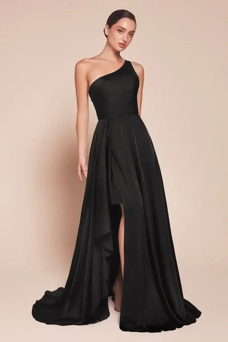 Miranda Gown - Black - ONE SHOULDER SOFT SATIN A-LINE DRESS