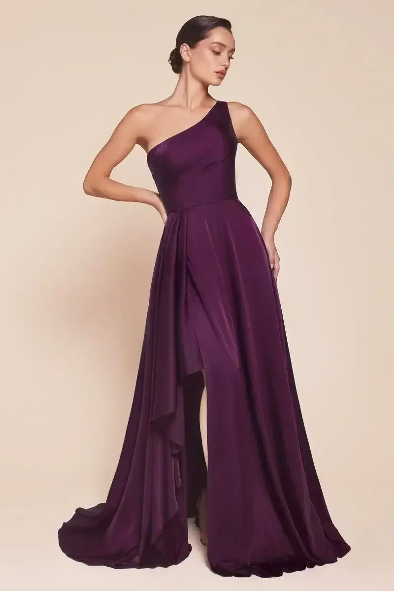 Miranda Gown - Eggplant - ONE SHOULDER SOFT SATIN A-LINE DRESS