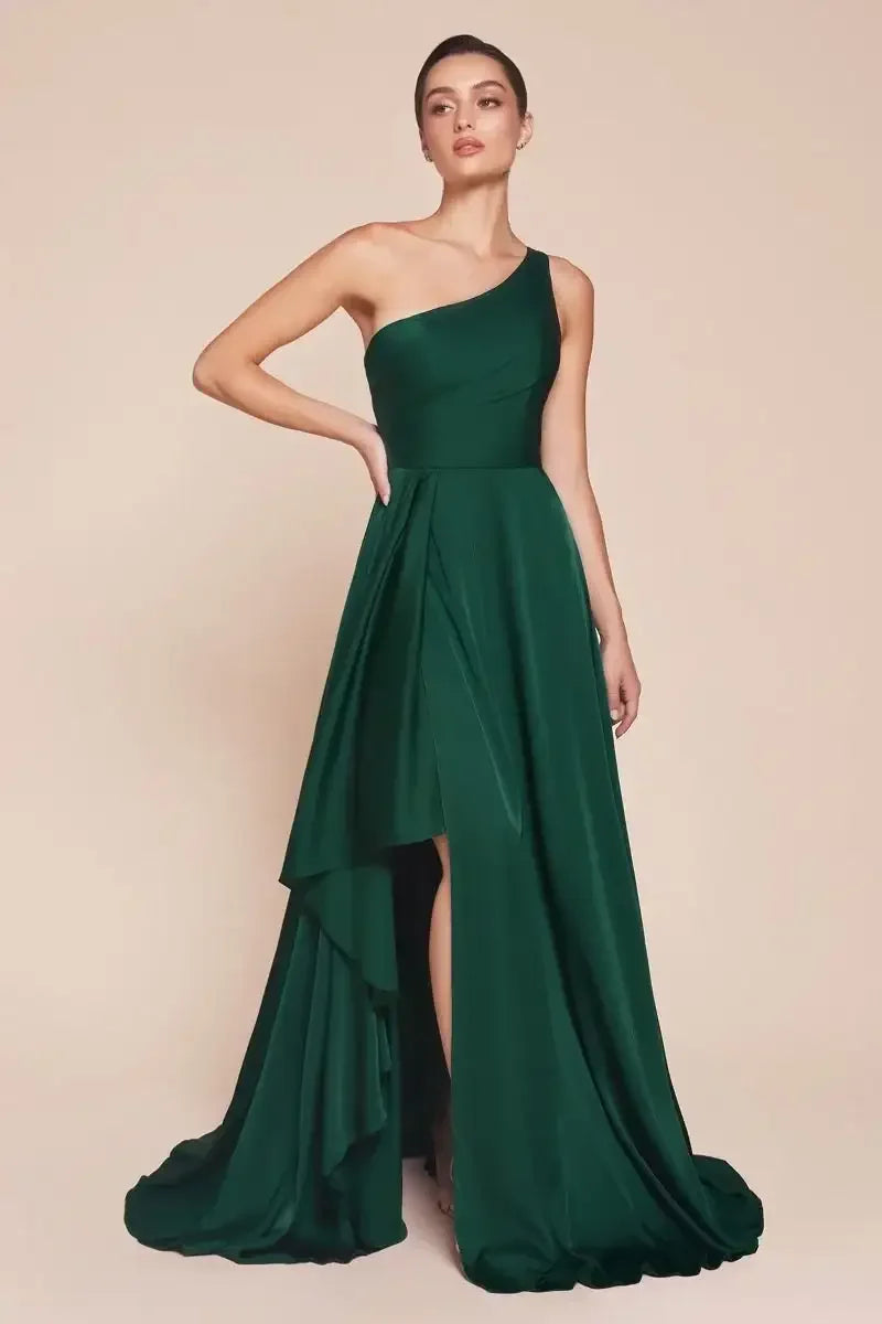 Miranda Gown - Emerald - ONE SHOULDER SOFT SATIN A-LINE DRESS