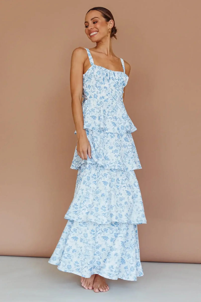 Molly Maxi Dress - Blue Floral Tiered Dress with Bow