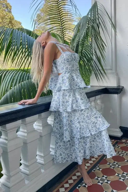 Molly Maxi Dress - Blue Floral Tiered Dress with Bow