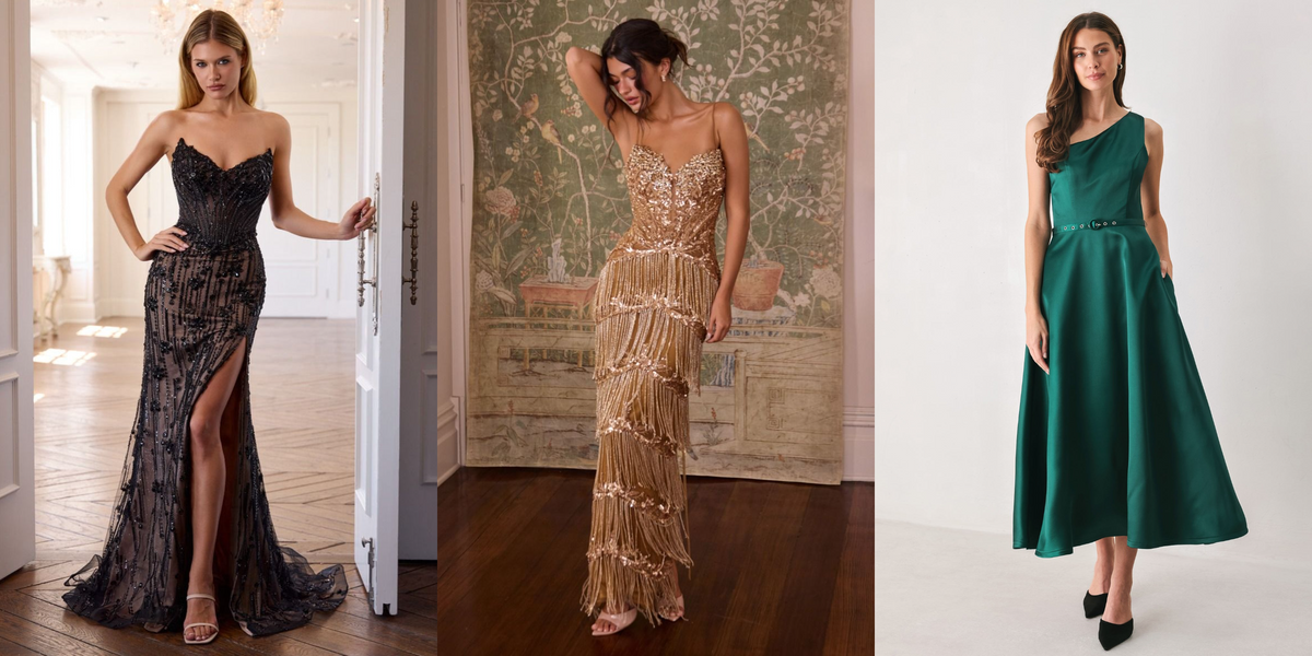 Gold beaded fringe gown beside a black beaded corset gown and emerald green one-shoulder midi dress, new arrivals at Lady Black Tie