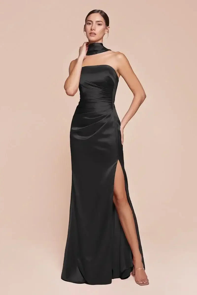 Nicolette Gown - Black - STRAPLESS LUXE SATIN DRESS & SCARF