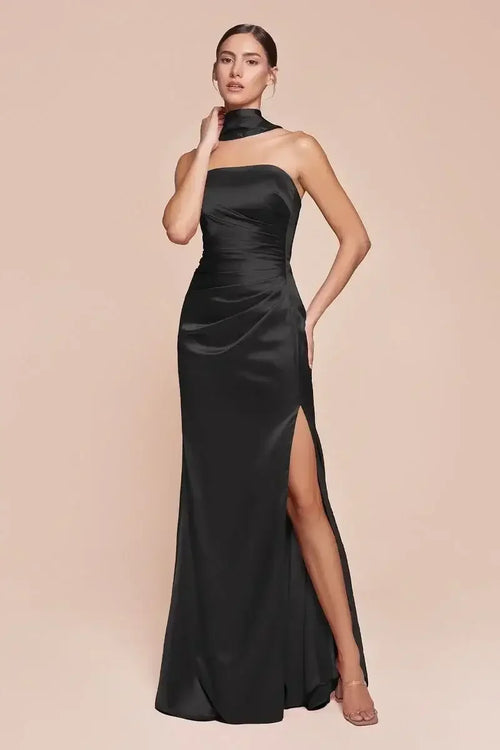 Nicolette Gown - Black - STRAPLESS LUXE SATIN DRESS & SCARF