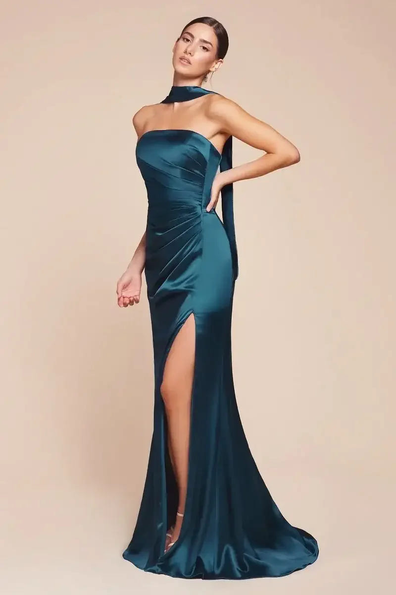 Nicolette Gown - French Navy - STRAPLESS LUXE SATIN DRESS & SCARF