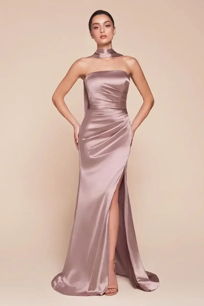 Nicolette Gown - Mauve - STRAPLESS LUXE SATIN DRESS & SCARF