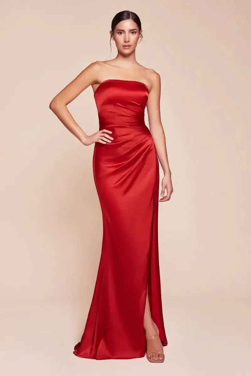 Nicolette Gown - Red - STRAPLESS LUXE SATIN DRESS & SCARF