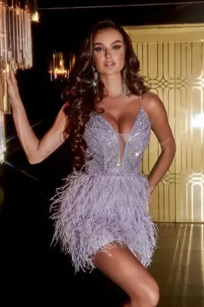 Size 4, PS23902 Purple Feather Dress - Portia & Scarlett