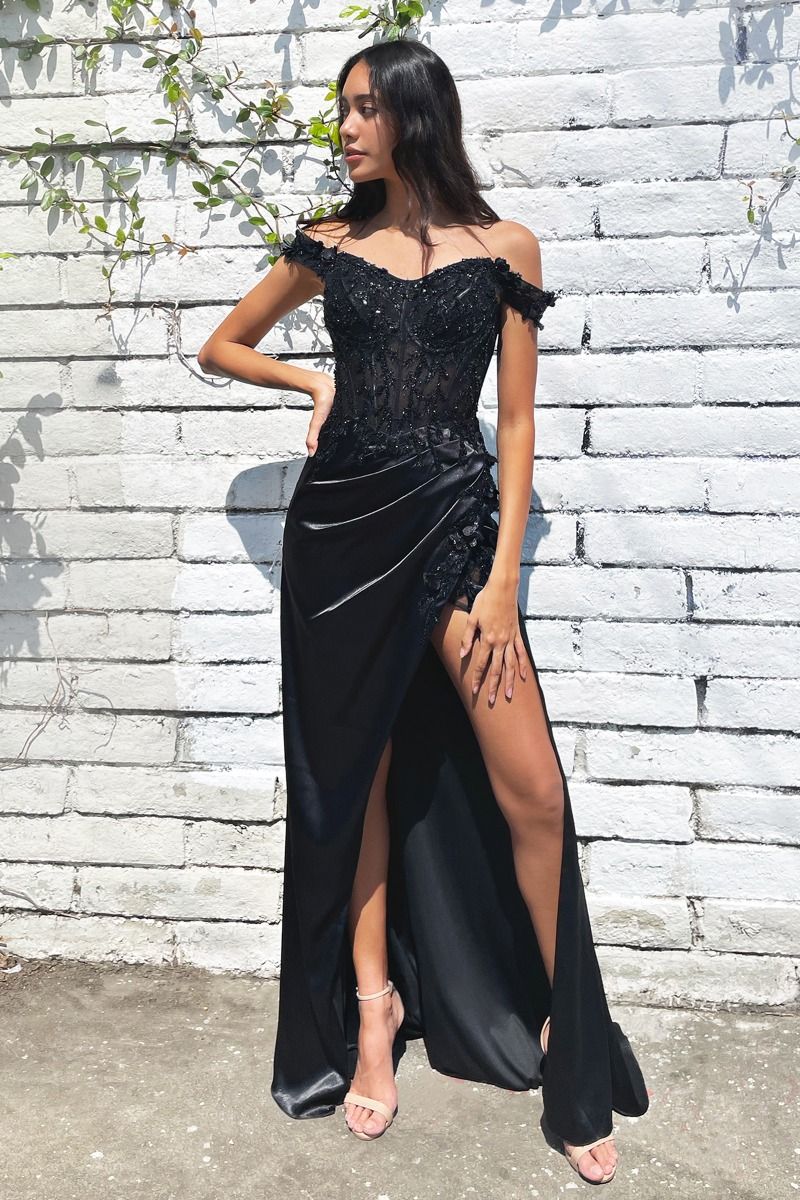 off the shoulder black tie dress Bow Gown Catherine Regehr line satin skirt * Neckline Black Tie Dresses | Women's
