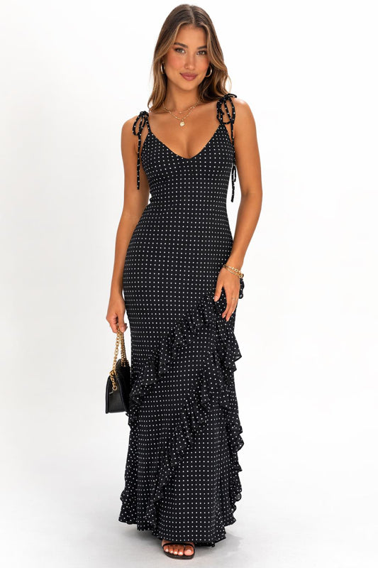 Nevaeh Polka Dot Ruffle Maxi Dress - Black