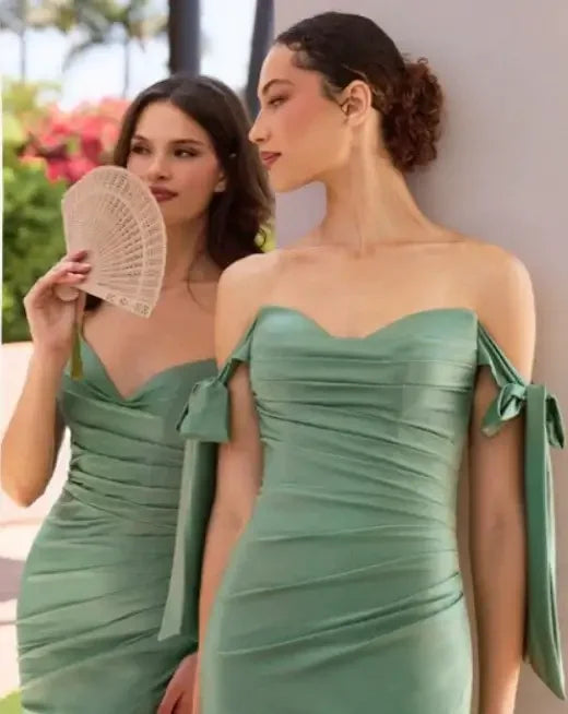 Amber Gown - Dark Sage - Off Shoulder Stretch Spandex Satin Dress With Ties