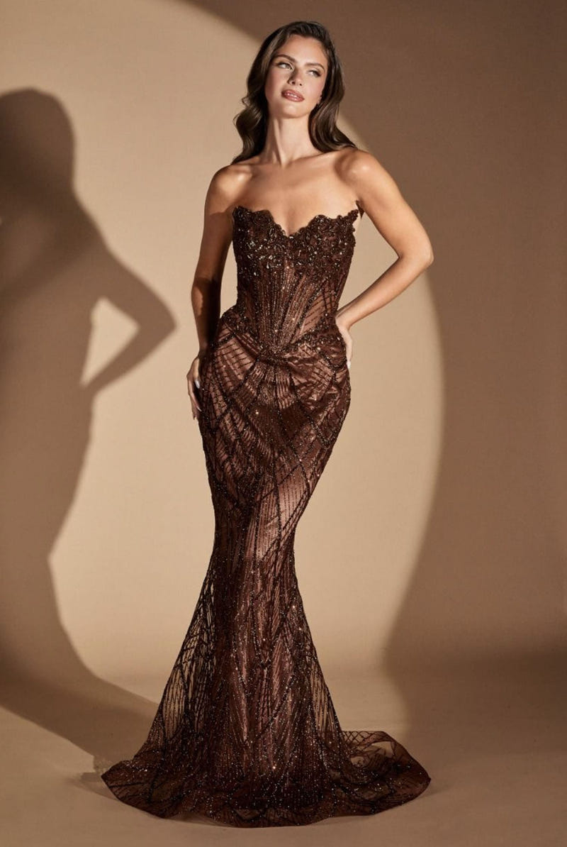 GEMINI GOWN - BEADED SEQUIN FITTED STRAPLESS GOWN