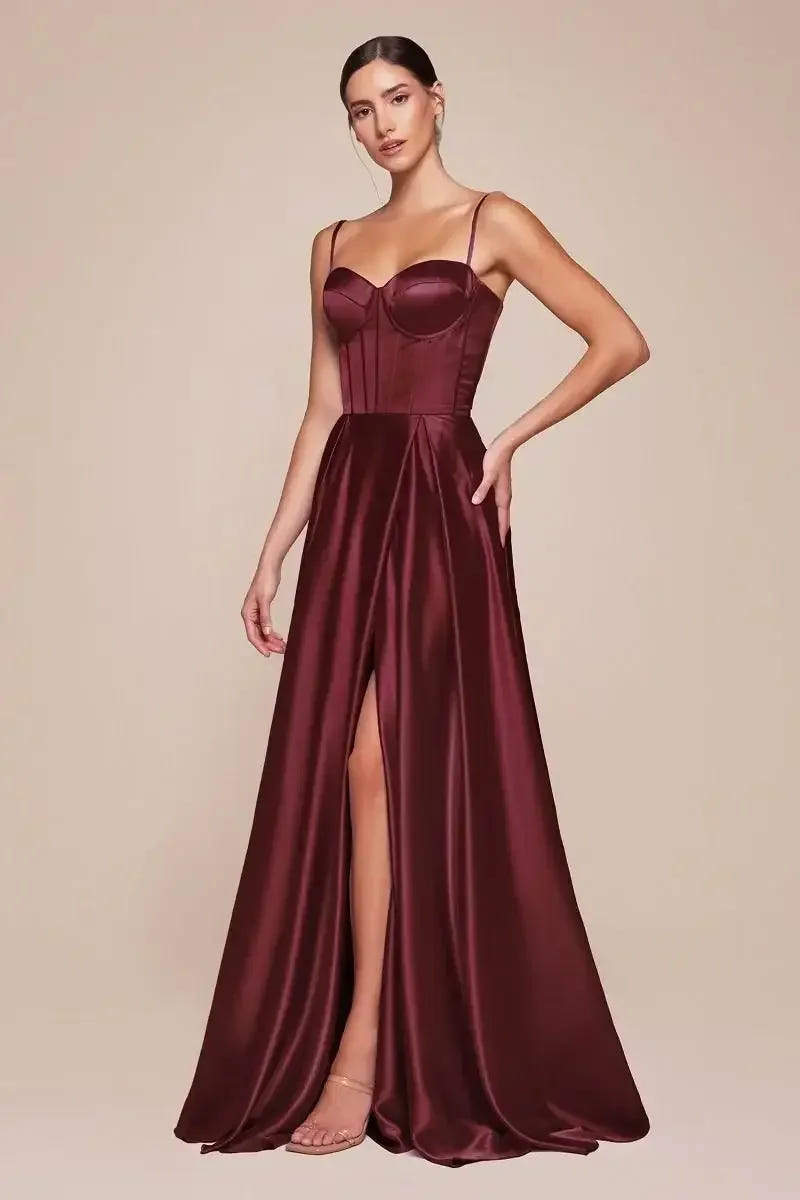 SELMA GOWN - BURGUNDY - A-LINE LUXE SATIN BUSTIER DRESS