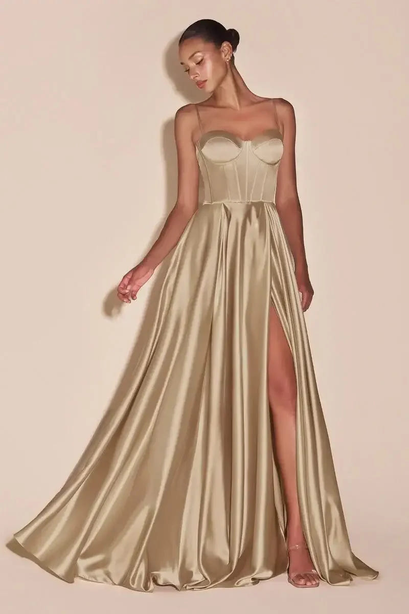 SELMA GOWN - CHAMPAGNE - A-LINE LUXE SATIN BUSTIER DRESS