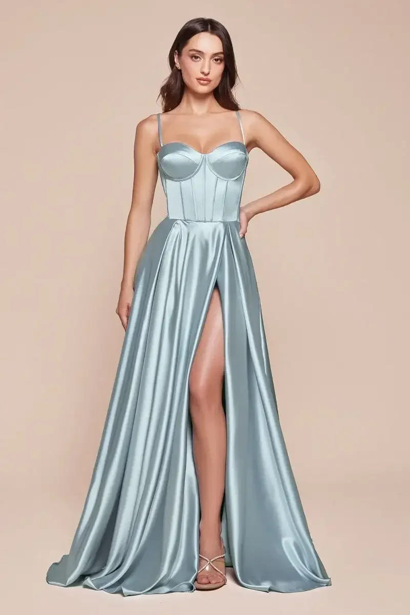 SELMA GOWN - LIGHT BLUE - A-LINE LUXE SATIN BUSTIER DRESS