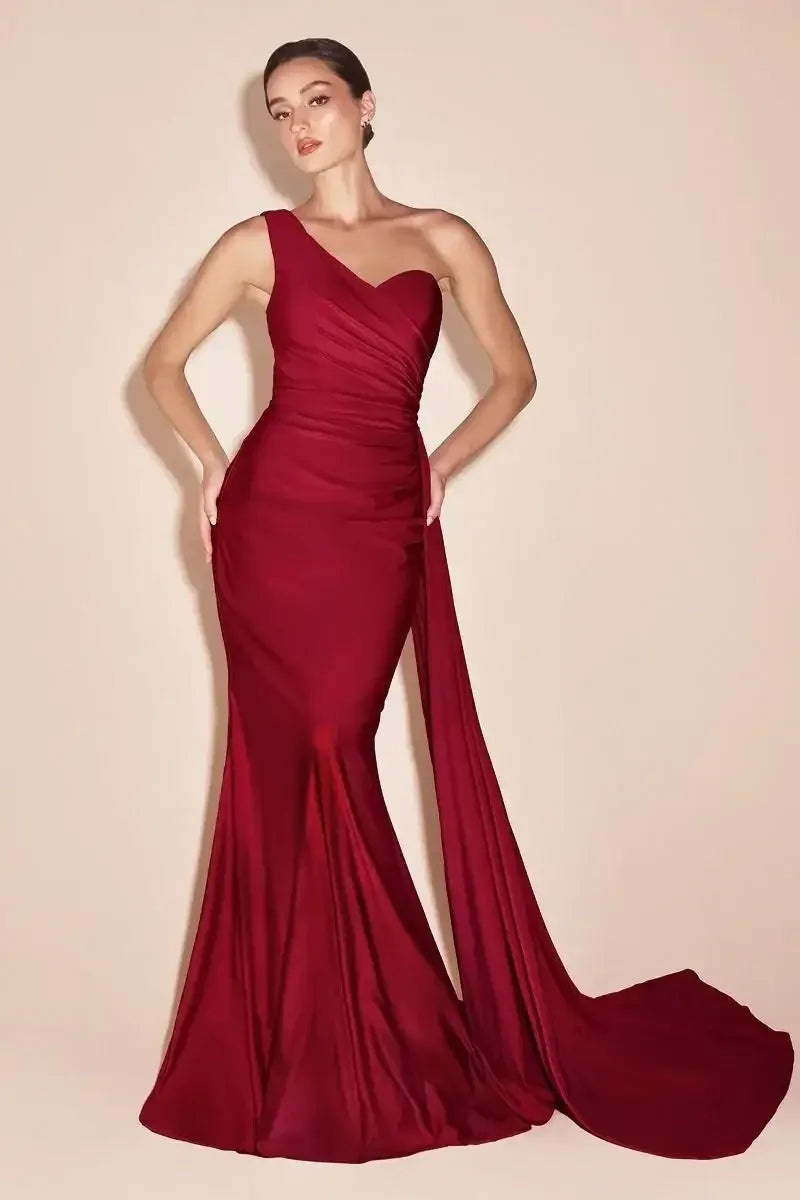 Shannon Gown - Burgundy - ONE SHOULDER STRETCH SPANDEX SATIN GOWN