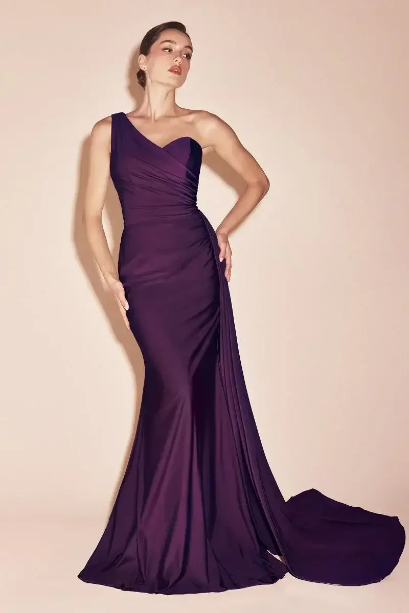 Shannon Gown - Eggplant - ONE SHOULDER STRETCH SPANDEX SATIN GOWN