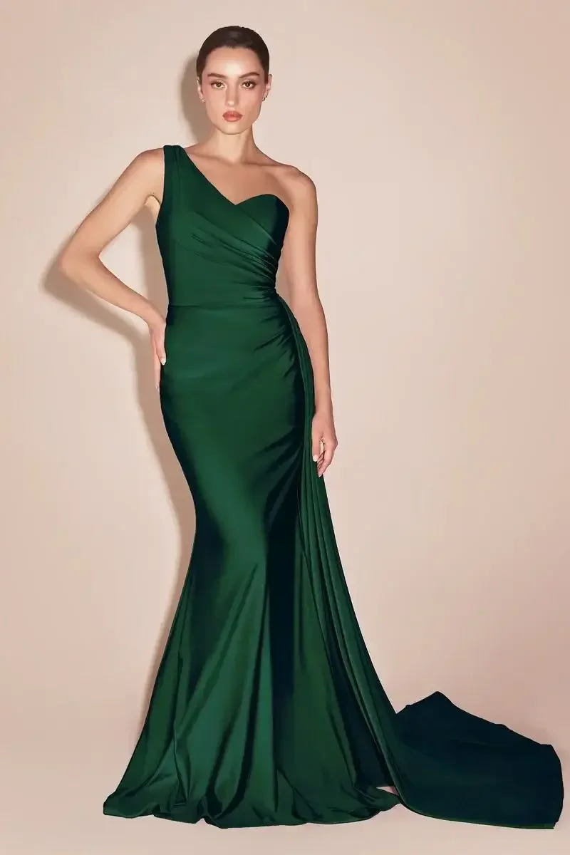 Shannon Gown - Hunter Green - ONE SHOULDER STRETCH SPANDEX SATIN GOWN