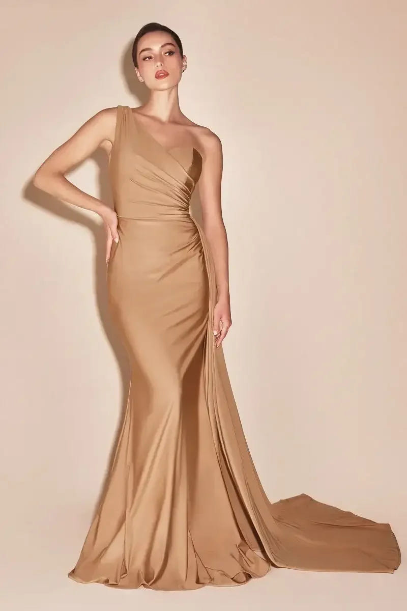Shannon Gown - Nude Gold - ONE SHOULDER STRETCH SPANDEX SATIN GOWN
