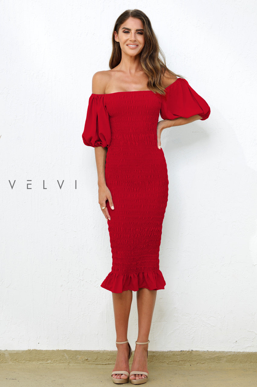 Shop the Elegant Skyla Shirred Midi Dress in Red - Lady Black Tie Online Large Shop the Elegant Skyla Shirred Midi Dress in Red - Lady Black Tie Online Large