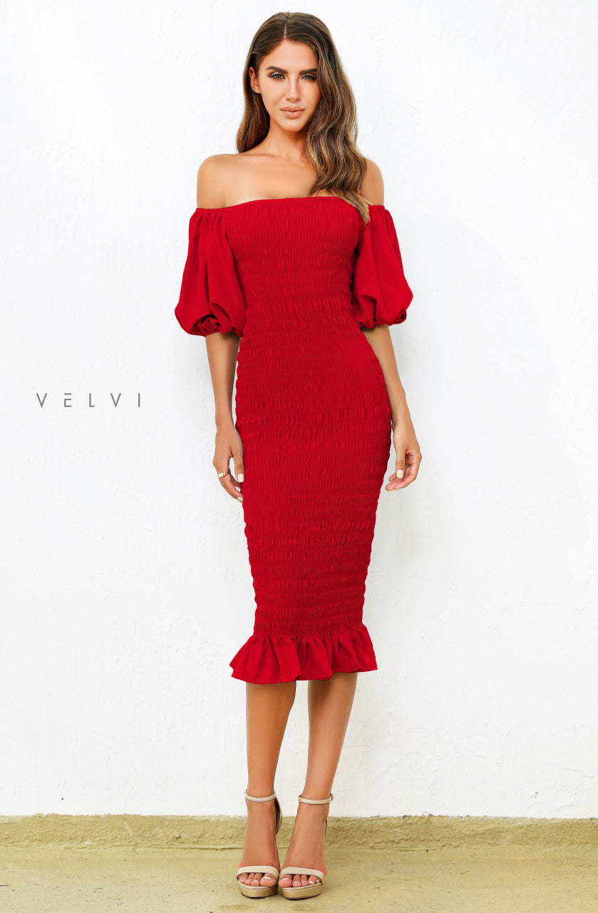 Shop the Elegant Skyla Shirred Midi Dress in Red - Lady Black Tie Online Shop the Elegant Skyla Shirred Midi Dress in Red - Lady Black Tie Online