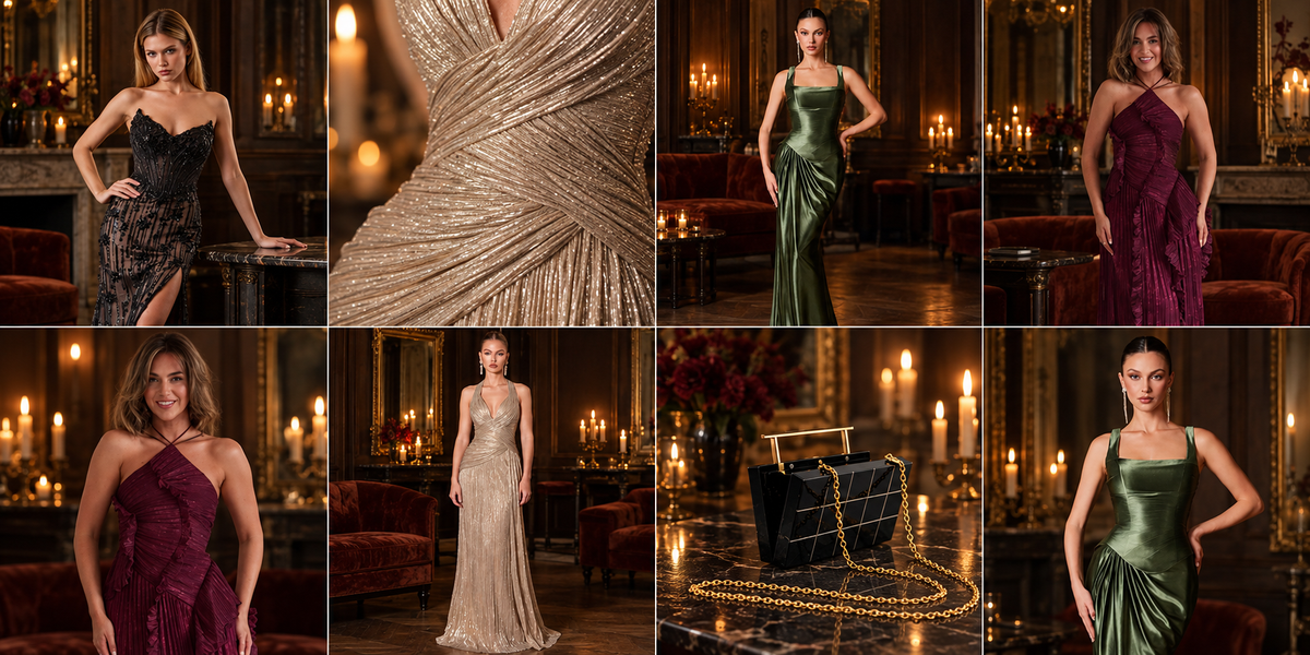 Four-image collage featuring black embellished, burgundy ruffle halter, olive satin, and champagne shimmer dresses in an elegant evening setting.
