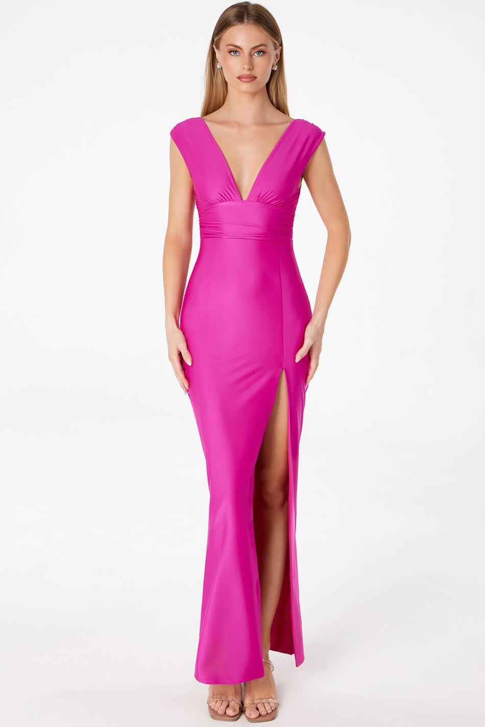 stretch jersey maxi dress Karen Millen Petite Premium Stretch Crepe Jersey V Neck Zip Detail Maxi Dress in Cobalt