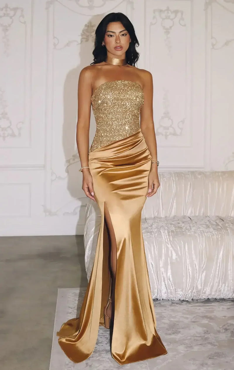 STETSON SEQUIN & SATIN STRAPLESS GOWN