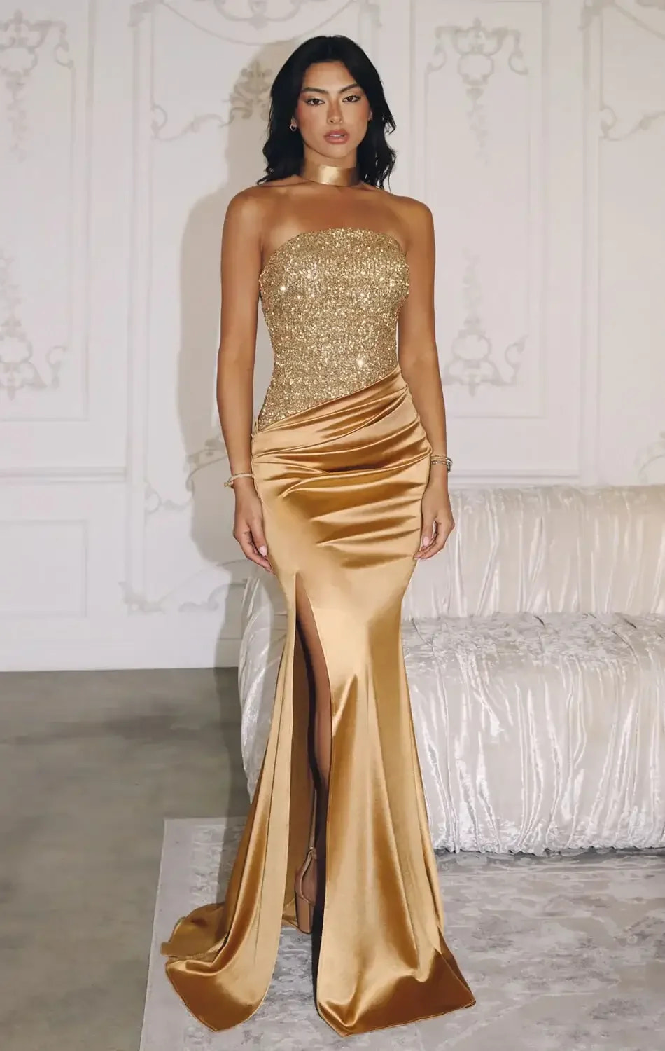 STETSON SEQUIN & SATIN STRAPLESS GOWN