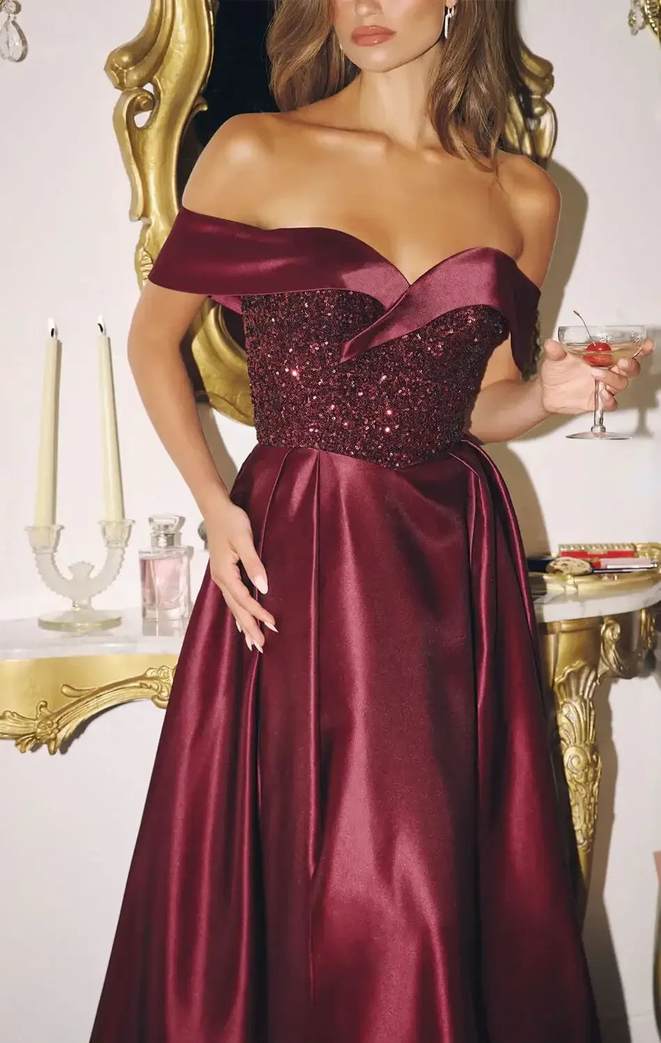 FANNING GOWN - OFF THE SHOULDER SEQUIN CORSET SATIN DRESS