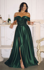 FANNING GOWN - OFF THE SHOULDER SEQUIN CORSET SATIN DRESS