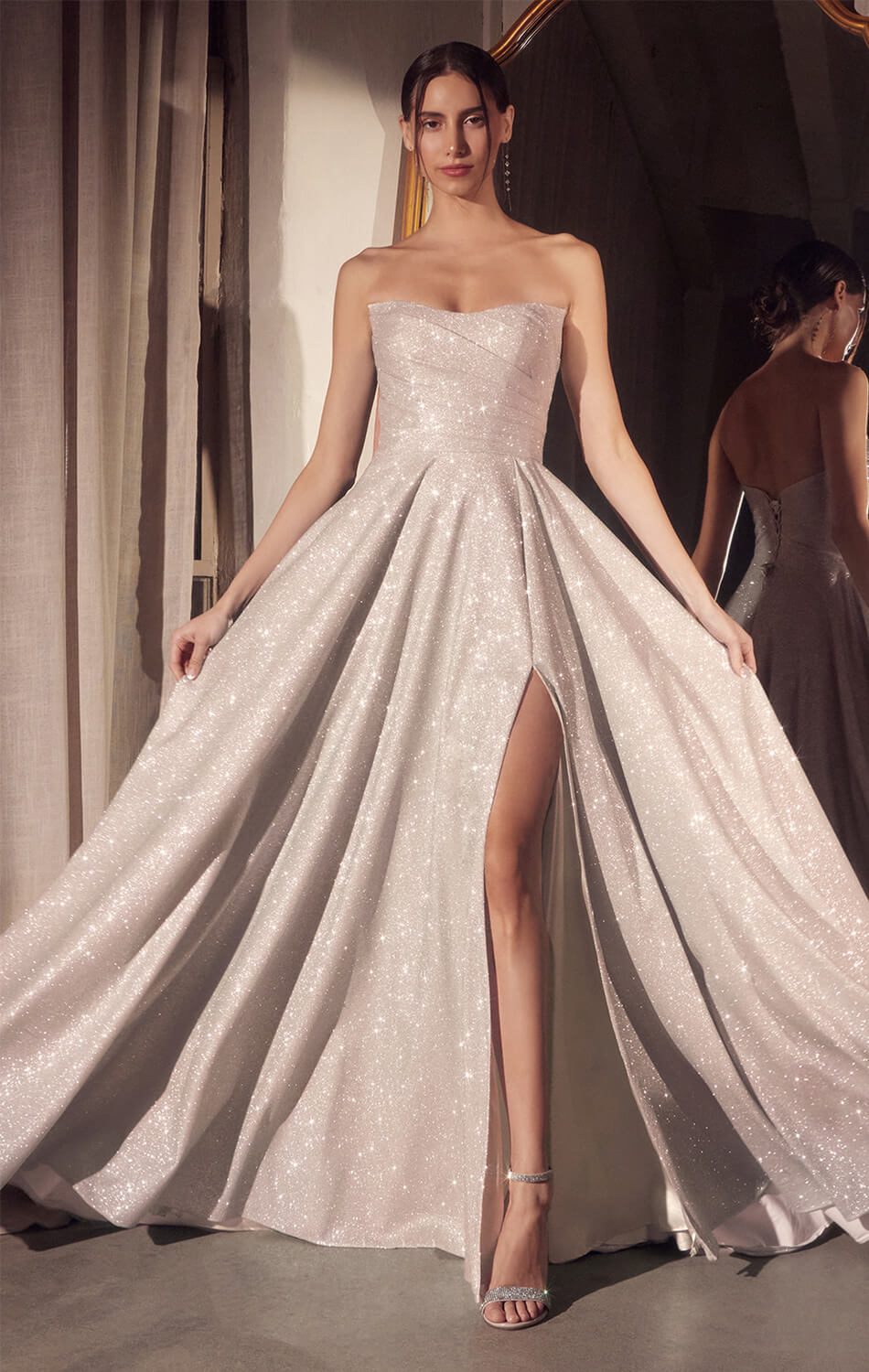 silver a line dress Lady Black Tie - Quinn Gown - Long Strapless Glitter A-line Dress
