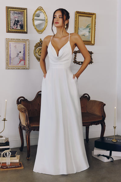 satin white dresses Lady Black Tie - Willow Gown - Off White A-line Satin Dress With Cowl Neckline