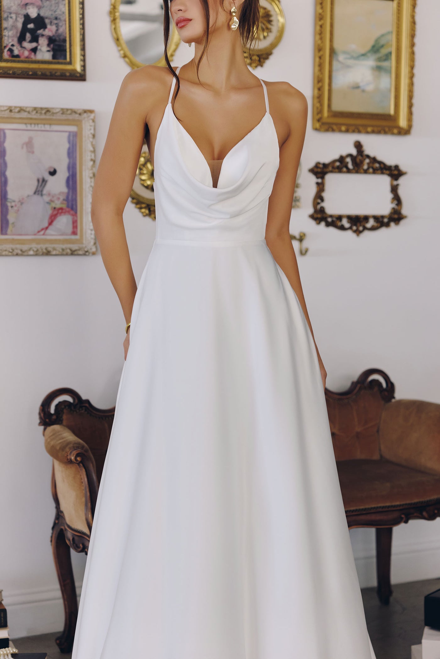 WILLOW GOWN - OFF WHITE A-LINE SATIN DRESS WITH COWL NECKLINE