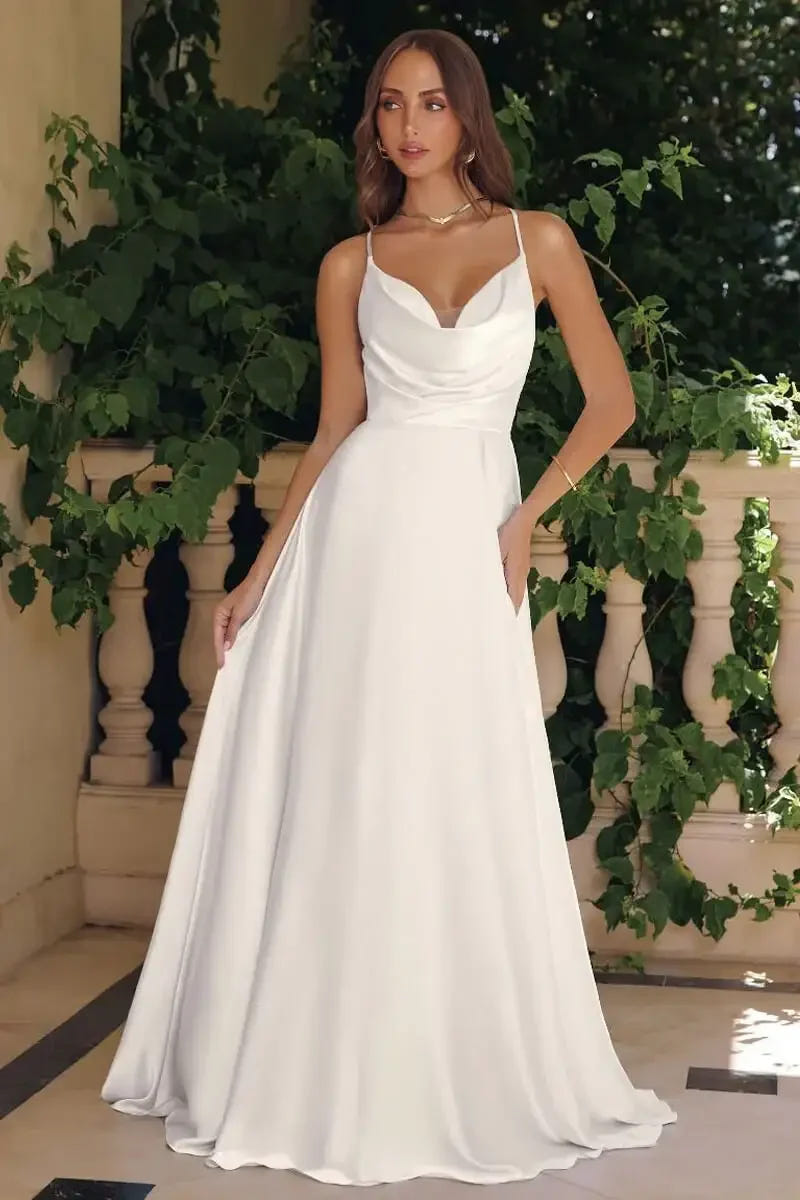 WILLOW GOWN - OFF WHITE A-LINE SATIN DRESS WITH COWL NECKLINE