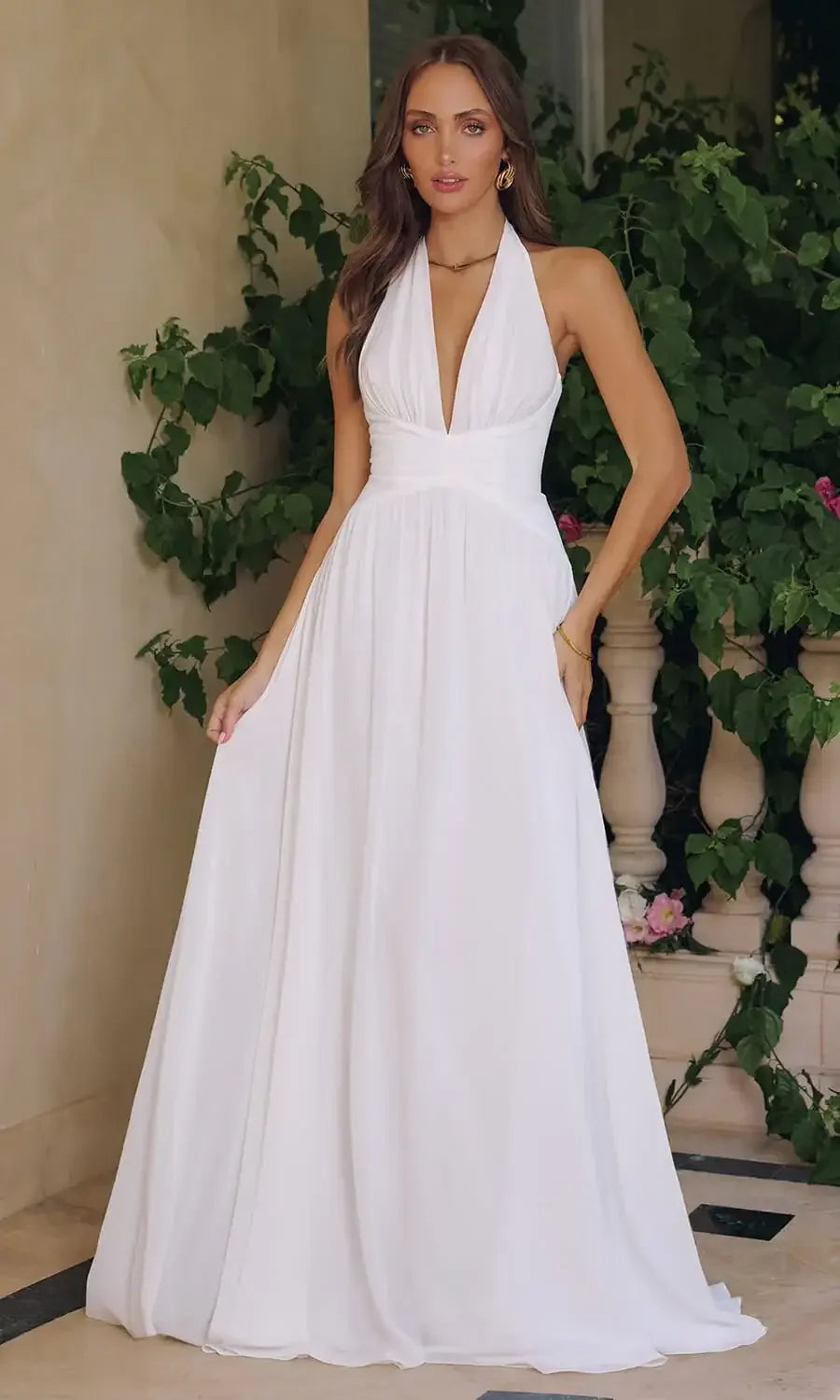 TARA GOWN - OFF-WHITE FLOWY CHIFFON HALTER DRESS