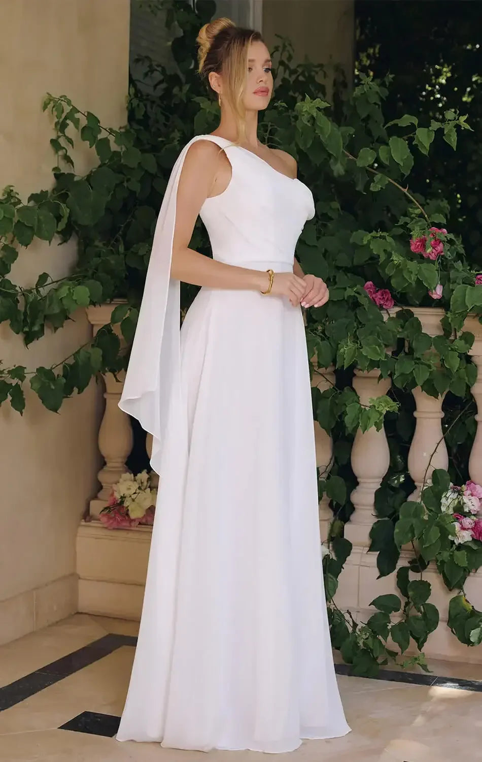 VENUS GOWN - OFF-WHITE ONE SHOULDER CHIFFON DRESS