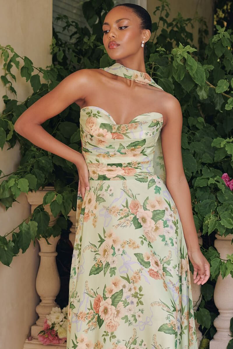 MEADOW GOWN - STRAPLESS A-LINE SAGE FLORAL CHIFFON GOWN WITH SCARF