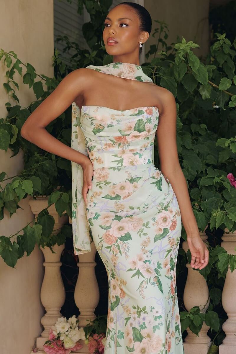 BRIANNA GOWN - STRAPLESS SAGE FLORAL CHIFFON GOWN WITH SCARF