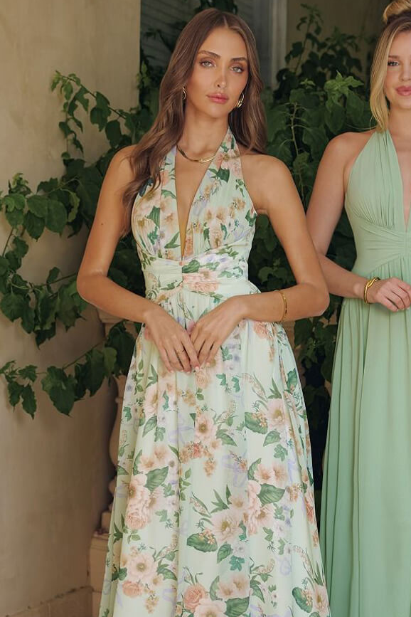Lady Black Tie - Cheyenne Gown - Sage Floral Chiffon Halter Dress - Size Xs Lady Black Tie - Cheyenne Gown - Sage Floral Chiffon Halter Dress - Size Xs